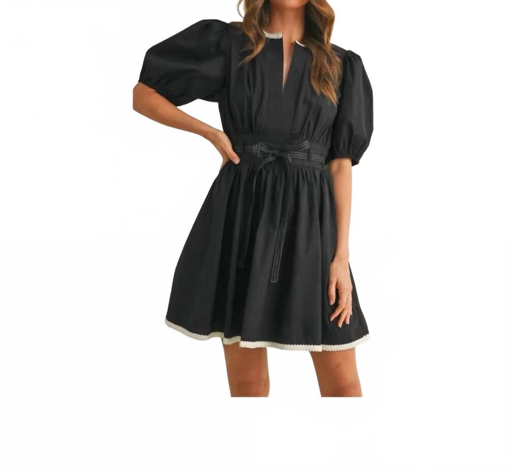 NEW KLESIS belted puff sleeve dress in black